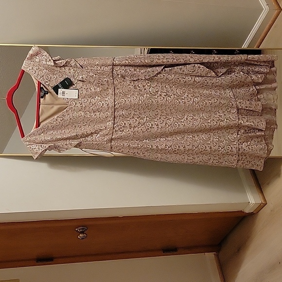Lauren Ralph Lauren Dresses & Skirts - Ralph Lauren V Neck Lace Dress Size 18 Natural With Gold Sparkle
